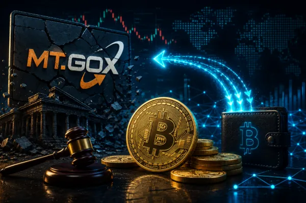 3D Bitcoin coins with blockchain network and digital wallet illustrating the Mt. Gox repayment process.