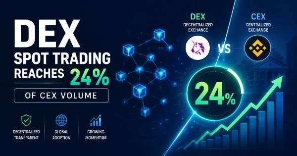 Chart showing DEX spot trading volume reaching 24% of centralized exchange volume in July 2026